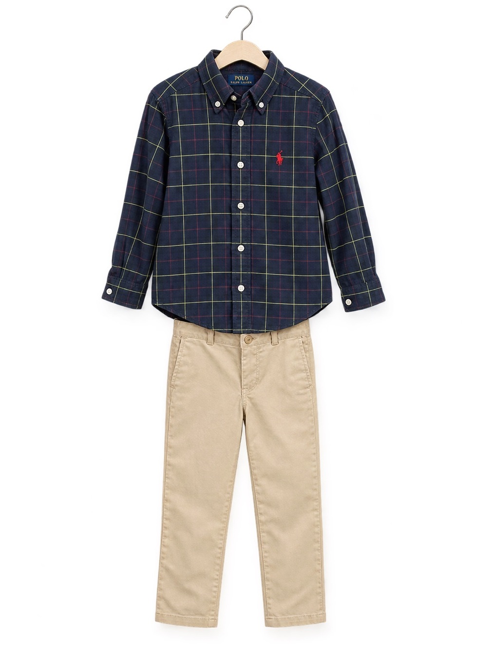 Ralph Lauren Boys Beige Chino Pants size 5 & Plaid Button Down Shirt size 6